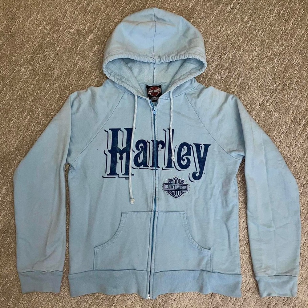 Vintage Blue Spring Harley Davidson Zip Up Hoodie 💎